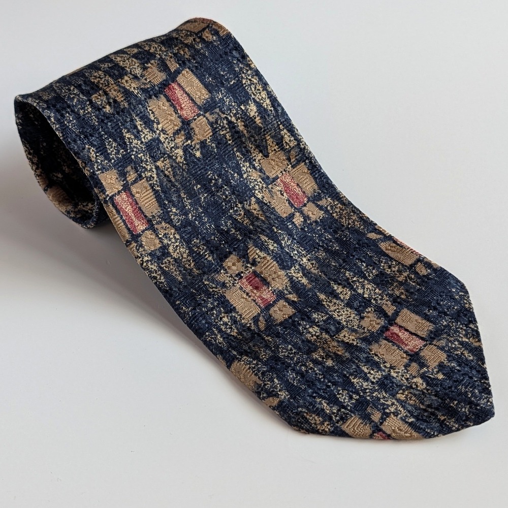 Barbara Blank NY Tallman Silk Tie Navy‎ Blue Gold Abstract Geometric Mens 4"